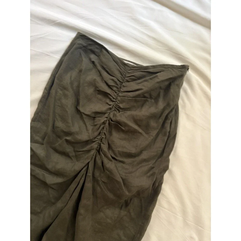 Stateside Linen Ruched Front Slit Skirt in Army Green Knee Length Size US XS